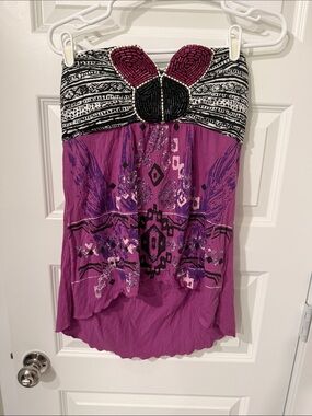 Beaded Strapless Purple Print Women's Tube Top XL SELF ESTEEM BUTTERFLY BLACK